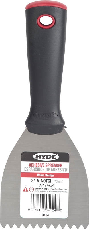 HYDE 04124 Adhesive Spreader, 3 in W Blade, Notched Blade, HCS Blade, Polypropylene Handle