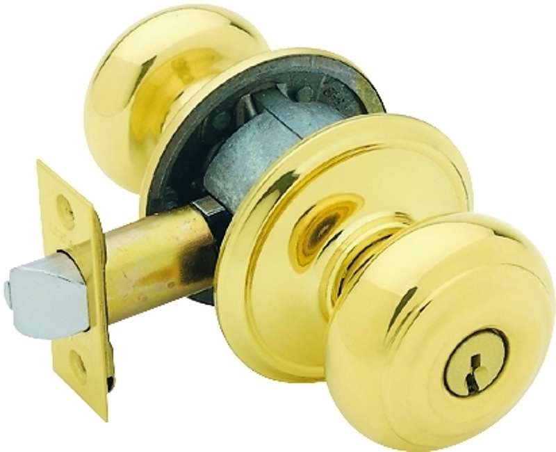 Schlage F Series F51A GEO 505 Entry Knob, Georgian, Knob Handle, Bright Brass, Metal, C Keyway, 2-3/4 in Dimensions, Yes