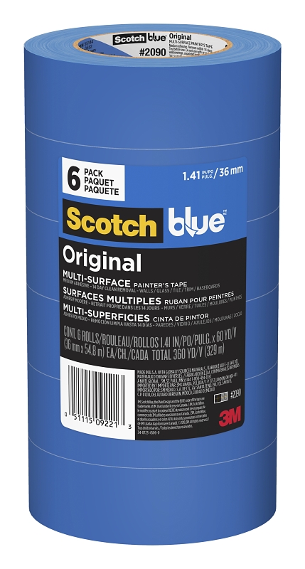 ScotchBlue 2090-36A-CP Painter's Tape, 5 mil Thick, 25 in-oz Adhesion, 60 yd L, 1-1/2 in W, Crepe Paper Backing, Blue