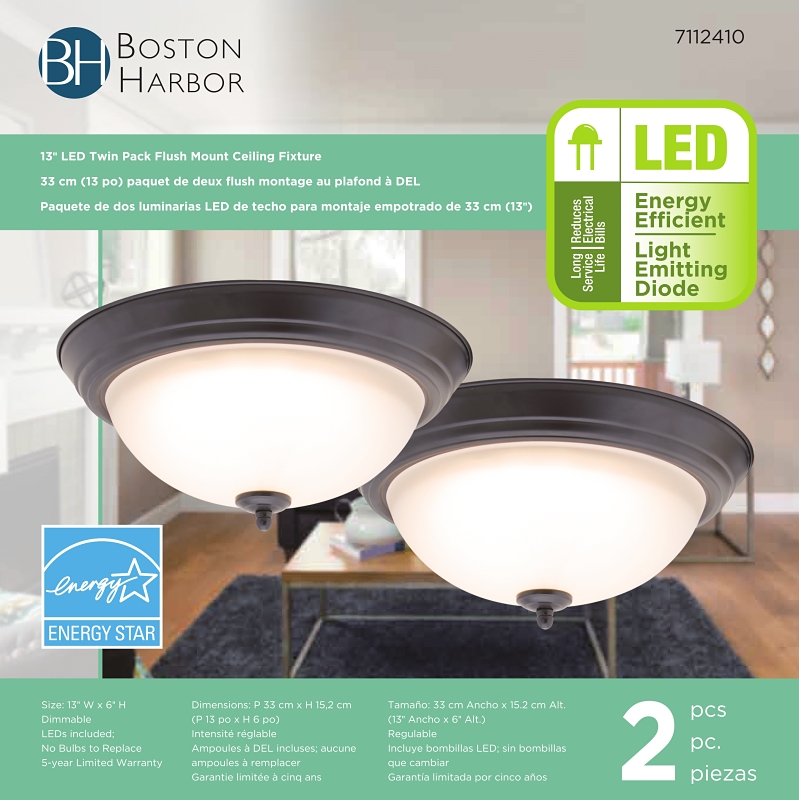 Boston Harbor ZD13-BR-C Ceiling Light Fixture, 0.17 A, 120 V, 20 W, 2-Lamp, LED Lamp, 1500, 3000 K Color Temp