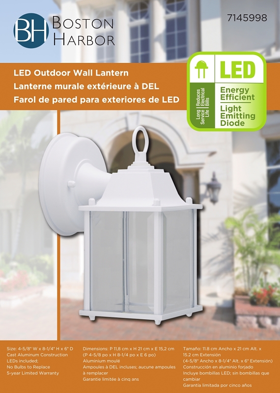 Boston Harbor 0038-WD-WH Outdoor Wall Lantern, 120 V, 6.65 W, LED Lamp, 320 Lumens, 3000 K Color Temp, Aluminum Fixture