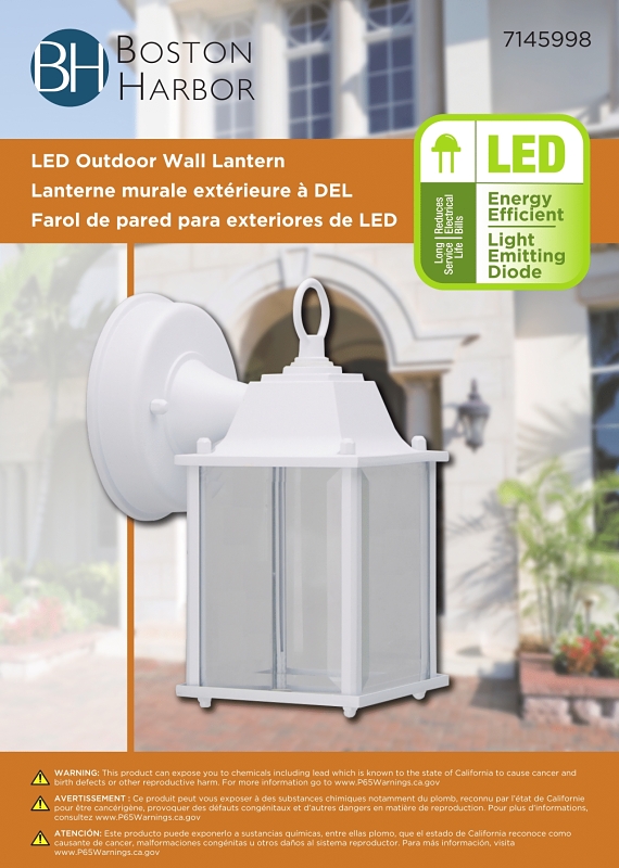 Boston Harbor 0038-WD-WH Outdoor Wall Lantern, 120 V, 6.65 W, LED Lamp, 320 Lumens, 3000 K Color Temp, Aluminum Fixture