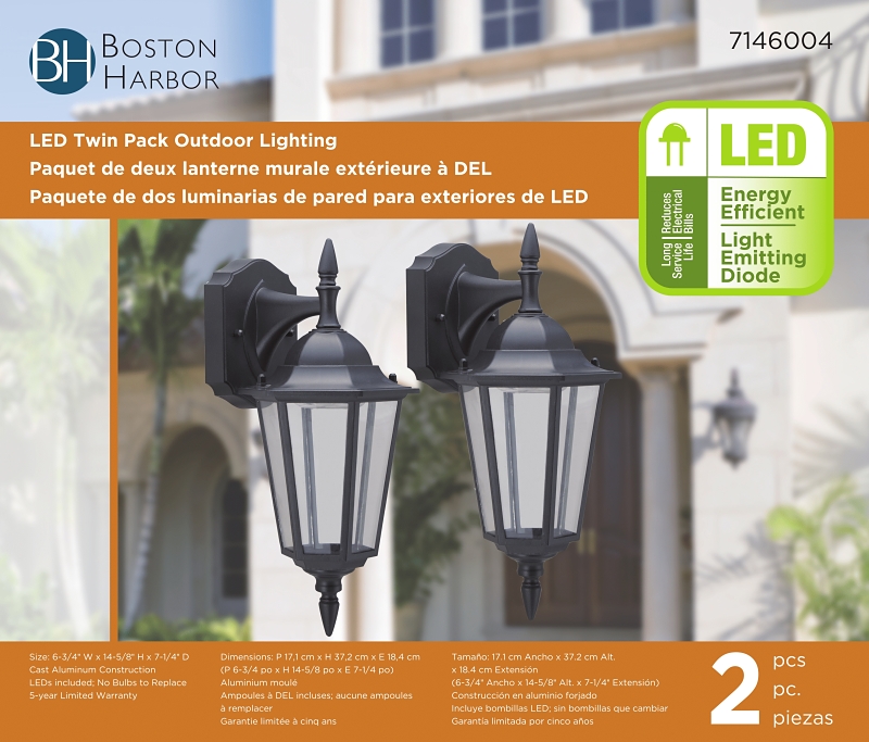 Boston Harbor 0024-WD-2PK Twin Pack Outdoor Lighting, 120 V, 6.7 W, LED Lamp, 300 Lumens, 3000 K Color Temp