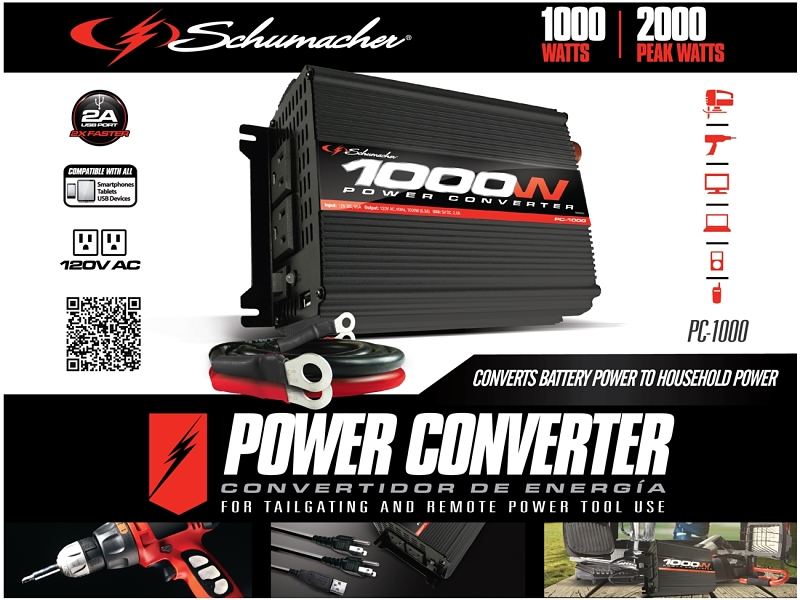 Schumacher PC-1000 Power Inverter, 12.8/13.2 VDC Input, 110/125 V Output, 1000 W