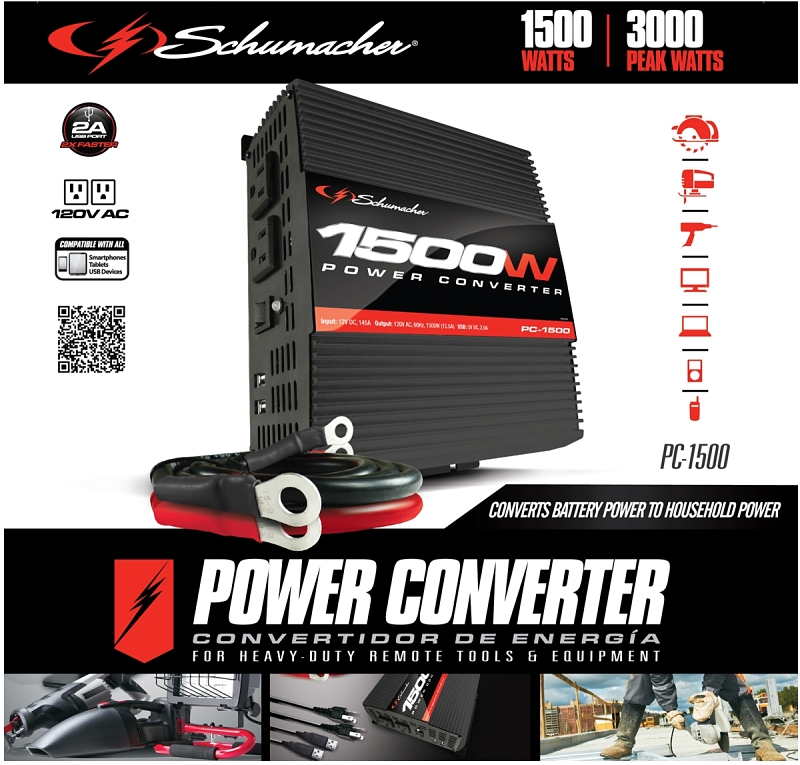 Schumacher PC-1500 Power Inverter, 12.8/13.2 VDC Input, 110/125 V Output, 1500 W