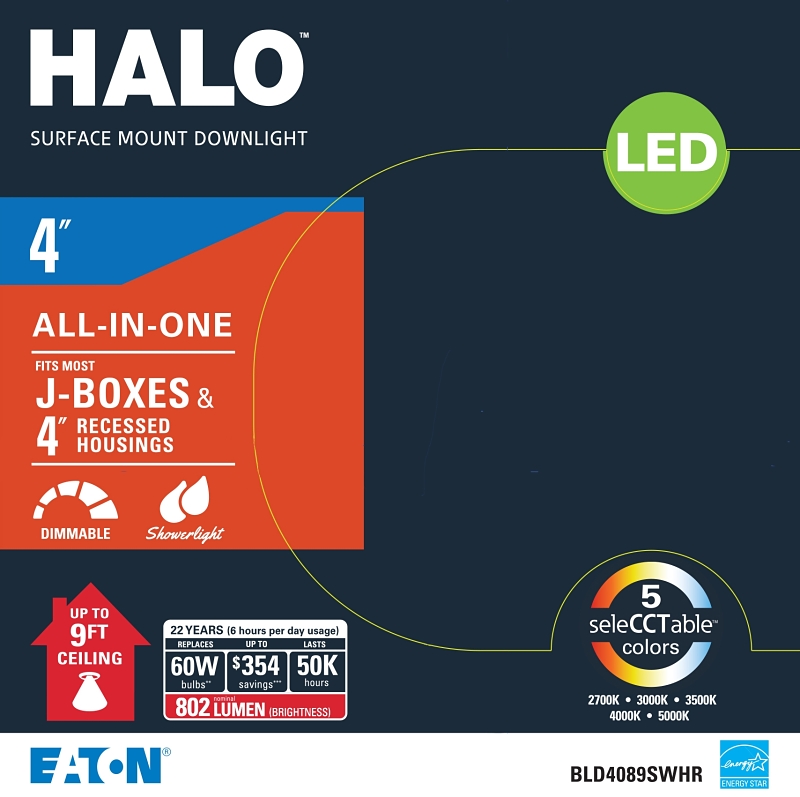 Halo BLD4 Series BLD4089SWHR-C Downlight, 10 W, 120 V, LED Lamp, Aluminum