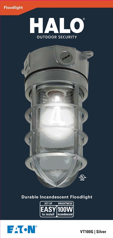 Eaton Lighting VT100G Vapor Tight Light Fixture, 120 VAC, 100 W, Incandescent Lamp, 1600 Lumens Lumens, Aluminum Fixture