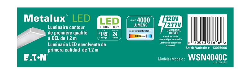 Cooper Controls WSN4040C Wraparound Light, 21 to 40 W, 2-Lamp, 4000 Lumens, Steel Fixture, White Fixture