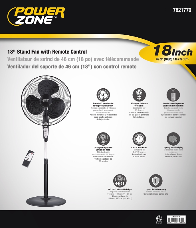 PowerZone SP2-18ARY Stand Fan, 120 V, 0.54 A, 90 deg Sweep, 18 in Dia Blade, 3-Blade, Plastic Blade, Black