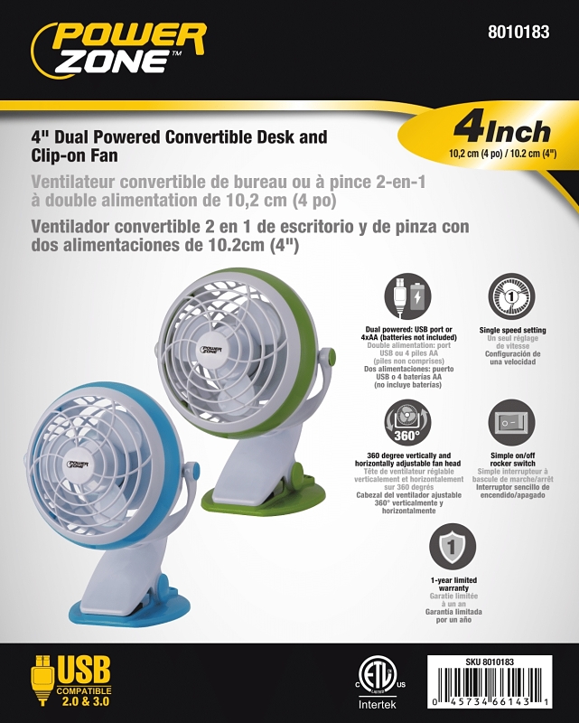 PowerZone QT-U409-D Desk and Clip-On Fan, 5 VDC, 4 in Dia Blade, 3-Blade, 1-Speed, 48 in L Cord