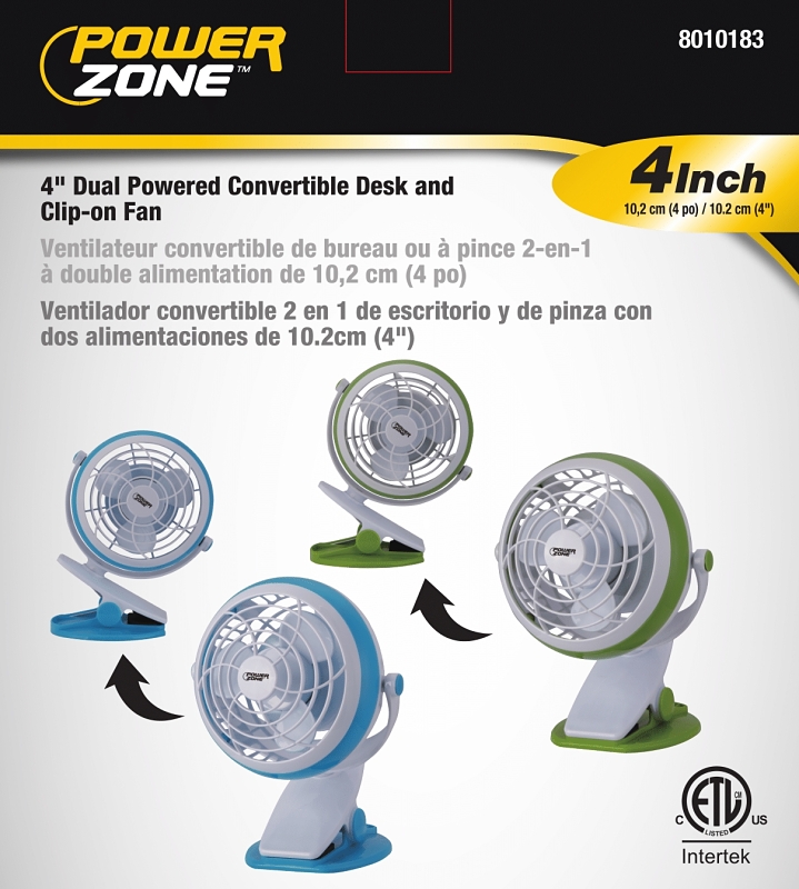 PowerZone QT-U409-D Desk and Clip-On Fan, 5 VDC, 4 in Dia Blade, 3-Blade, 1-Speed, 48 in L Cord