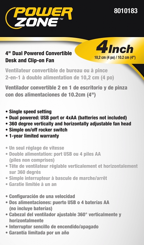 PowerZone QT-U409-D Desk and Clip-On Fan, 5 VDC, 4 in Dia Blade, 3-Blade, 1-Speed, 48 in L Cord
