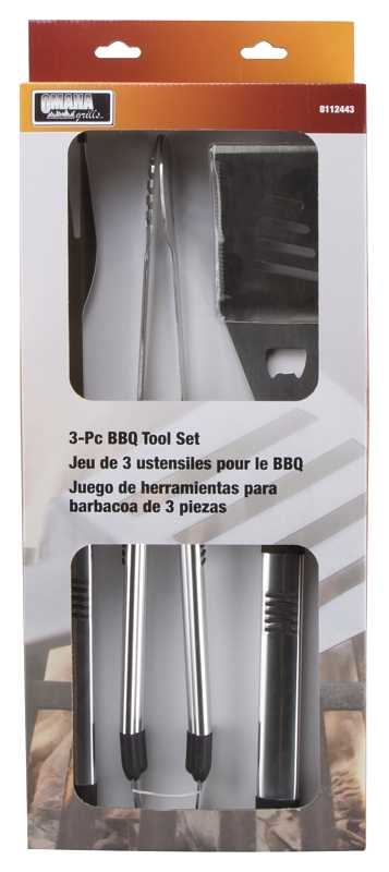 Omaha SHE94031L-B Barbecue Tool Set with Handle and Hanger, 1.9 mm Gauge, Stainless Steel Blade, Stainless Steel