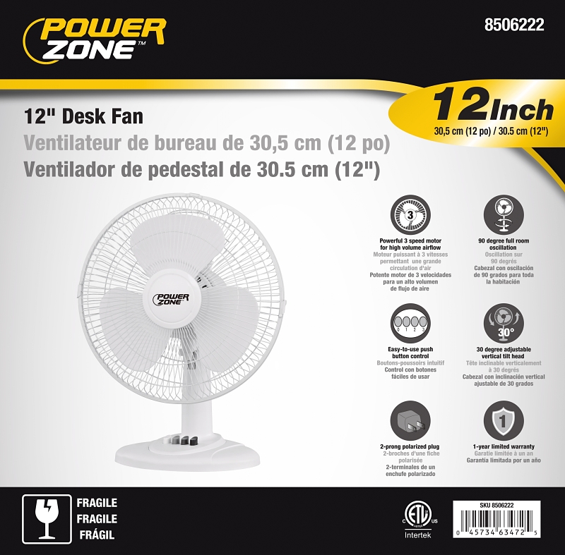 PowerZone FT-30 Oscillating Table Fan, 120 V, 12 in Dia Blade, 3-Blade, 3-Speed, 882 cfm Air, 72 in L Cord, White