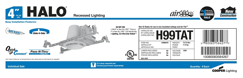 Halo H99TAT Recessed Housing, 8 in L x 5-1/4 in W x 5 in H Dimensions, New Construction, Steel