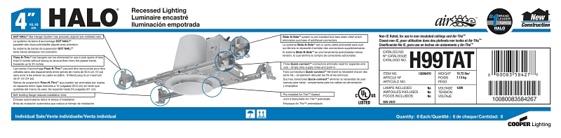 Halo H99TAT Recessed Housing, 8 in L x 5-1/4 in W x 5 in H Dimensions, New Construction, Steel