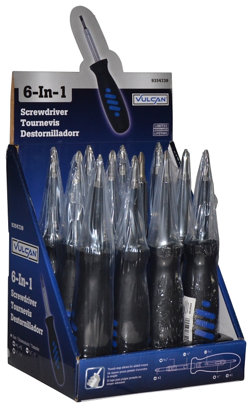 Vulcan JL-16-410 Multi-Bit Screwdriver, Slotted: 3/16 in, 1/4 in, Phillips: #1, #2, Nutdriver: 1/4 in, 5/16 in Drive