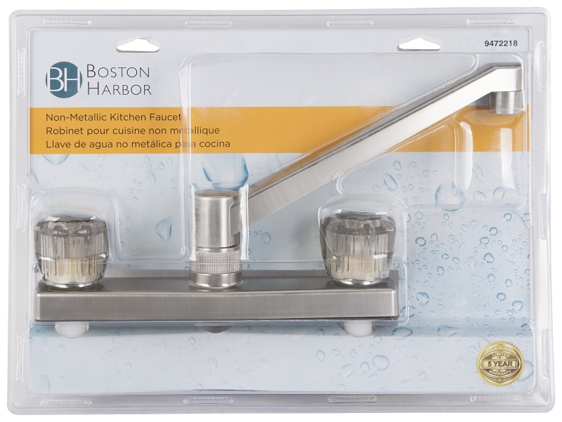 Boston Harbor JY-8201BN Kitchen Faucet, 1.8 gpm, 2-Faucet Hole, Plastic, Stainless Steel, Deck Mounting, Round Handle