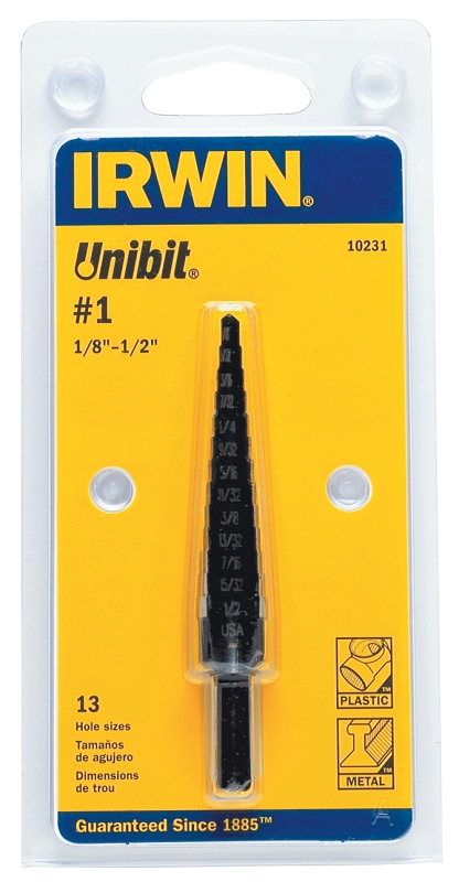 Irwin Unibit 10231 Step Drill Bit, 1/8 to 1/2 in Dia, 1-Flute, 1/4 in Dia Shank, Hex Shank