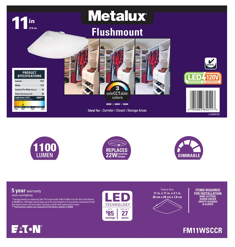 Metalux FM11WSCCR Square Flush Mount Ceiling Light, 120 V, 13.9 W, LED Lamp, 1100 Lumens Lumens, 4000 K Color Temp