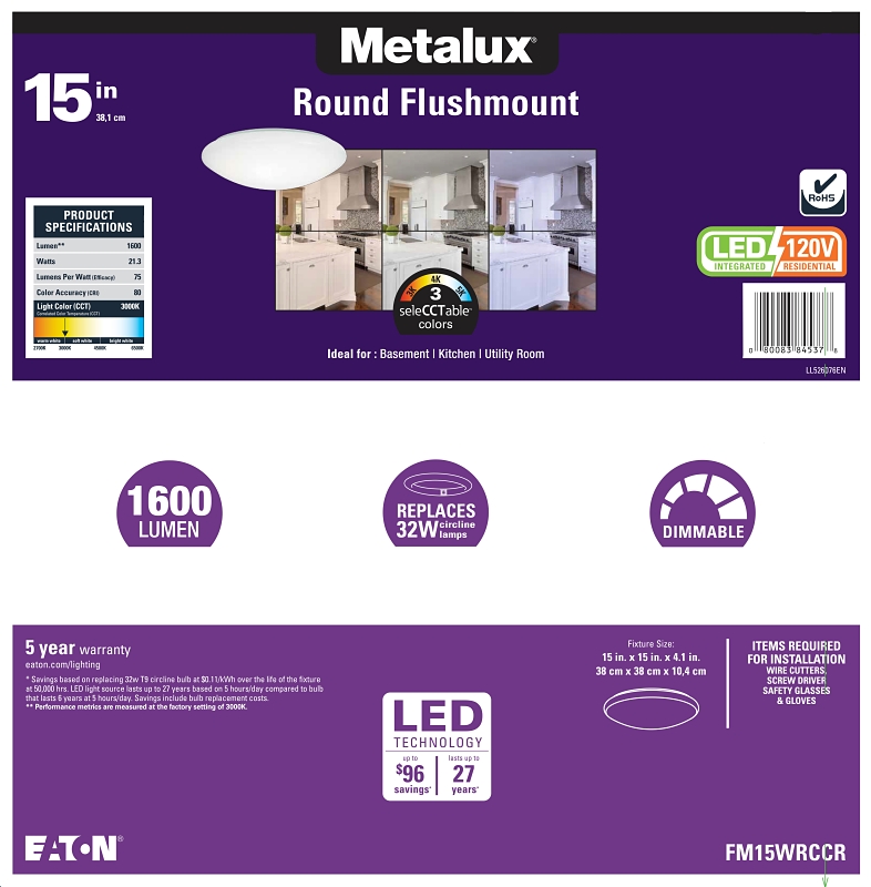 Metalux FM15WRCCR Round Flush Mount Ceiling Light, 120 V, 21.3 W, LED Lamp, 1600 Lumens Lumens, Steel Fixture