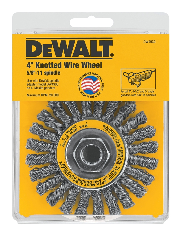 DeWALT DW4930 Wire Wheel Brush, 4 in Dia, 5/8-11 Arbor/Shank, 0.02 in Dia Bristle, Carbon Steel Bristle