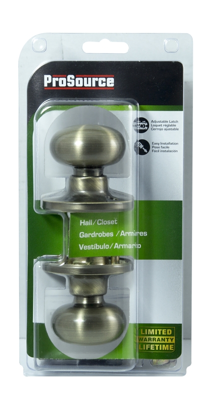 ProSource TF830V-PS Passage Knob, Metal, Antique Brass, 2-3/8 to 2-3/4 in Backset, 1-3/8 to 1-3/4 in Thick Door