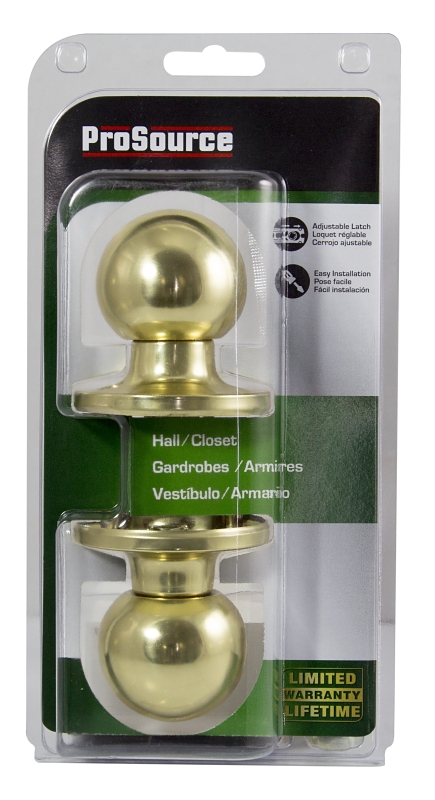 ProSource T3730V-PS Passage Knob, Metal, Polished Brass, 2-3/8 to 2-3/4 in Backset, 1-3/8 to 1-3/4 in Thick Door