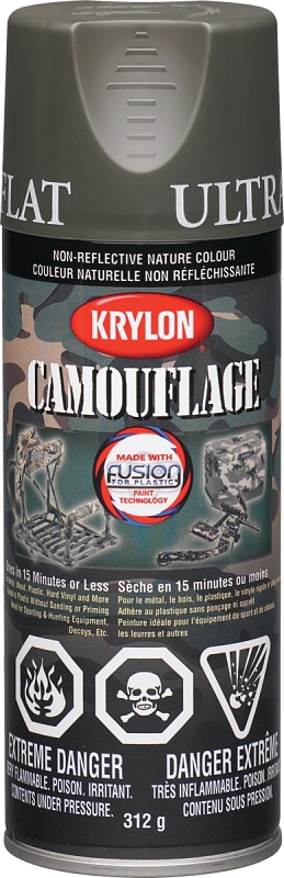 Krylon 442930000 Camouflage Spray Paint, 11 oz Can, 25 sq-ft Coverage Area, Ultra Flat, Olive