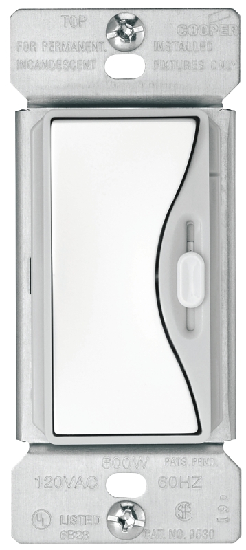 Eaton Wiring Devices Aspire 9530WS Slide Dimmer, 120 V, 600 W, Halogen, Incandescent Lamp, 3-Way, White