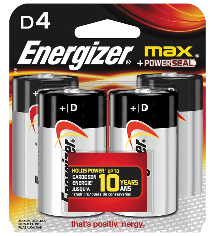 Energizer E95BP-4 Battery, 1.5 V Battery, 18 Ah, D Battery, Alkaline, Manganese Dioxide, Zinc