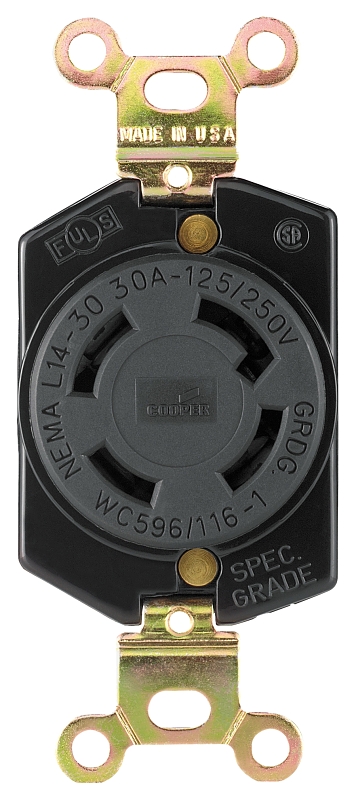 Eaton Wiring Devices L1430R Single Receptacle, 3 -Pole, 125/250 V, 30 A, Back and Side Wiring, NEMA: NEMA L14-30
