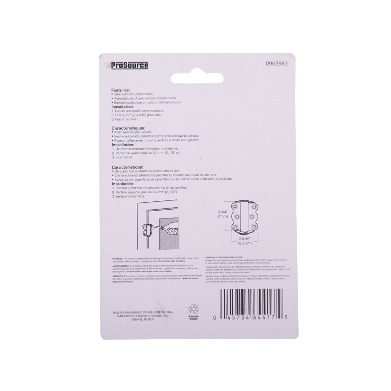 ProSource 20333ZCB-PS Spring Hinge, Steel, Zinc, 180 deg Range of Motion, Screw Mounting