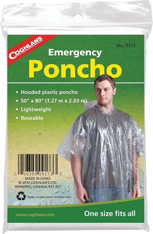 COGHLAN'S 9173 Emergency Poncho, One-Size, Polyethylene, Clear, Reusable Collar