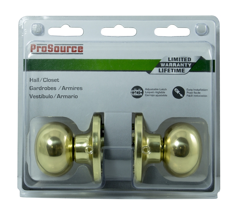 ProSource T9730BRA4V Passage Knob, Metal, Polished Brass, 2-3/8 to 2-3/4 in Backset, 1-3/8 to 1-3/4 in Thick Door