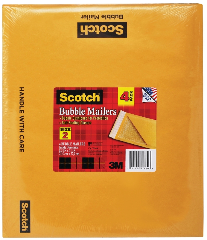 Scotch 7914-4 Bubble Mailer, 2, 11 in L, Kraft, Self-Seal, 8-1/2 in W