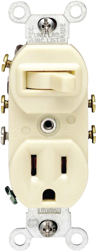 Leviton 031-05245-00I Combination Switch/Receptacle, 1-Pole, 15 A, 120 V Switch, Ivory