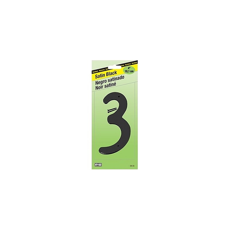 Hy-Ko BK-40/3 House Number, Character: 3, 4 in H Character, Black Character, Zinc