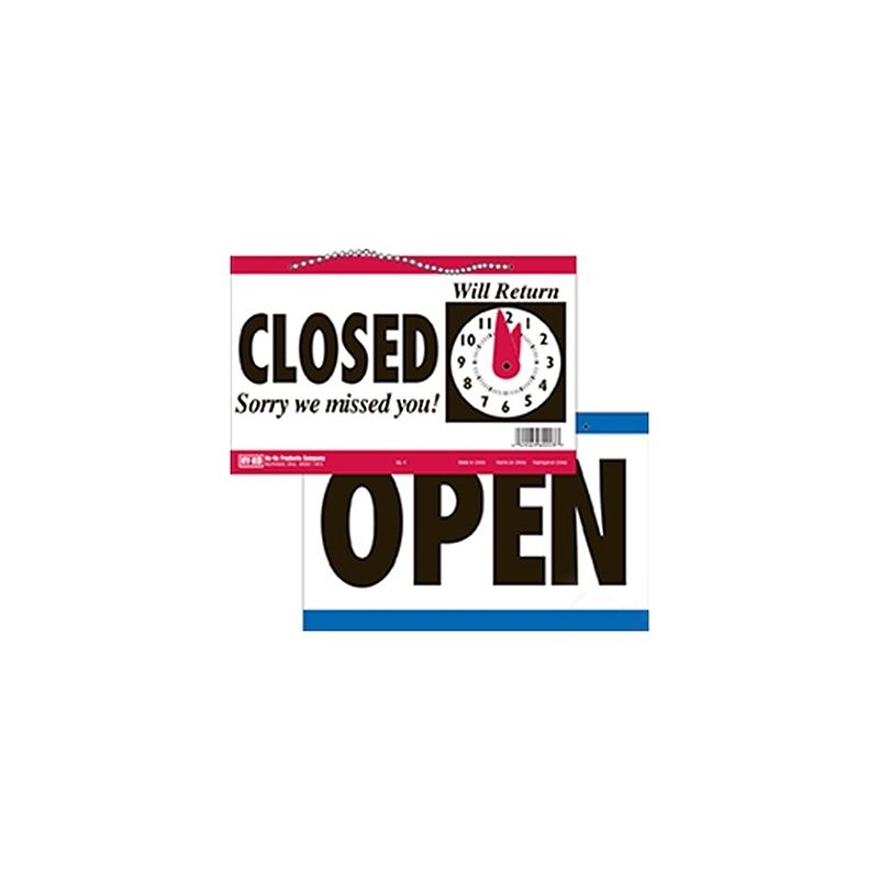 Hy-Ko CL-1 Clock Sign, Rectangular, OPEN/CLOSED, Black Legend, White Background, Polyethylene