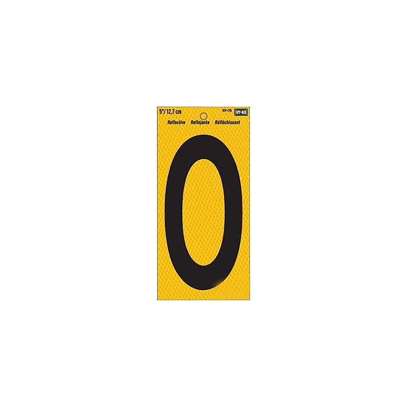 Hy-Ko RV-75/0 Reflective Sign, Character: 0, 5 in H Character, Black Character, Yellow Background, Vinyl