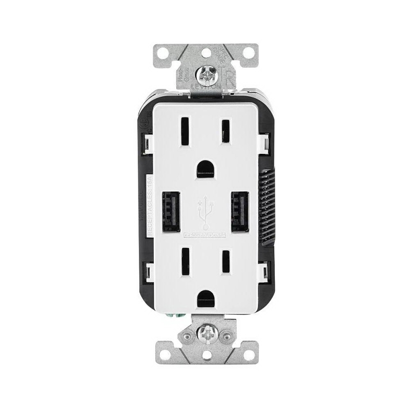Leviton R02-T5632-0BW Series Combination USB Receptacle, White, 2-Pole, 3.1 A USB, 15 A Receptacle, 2-USB Port