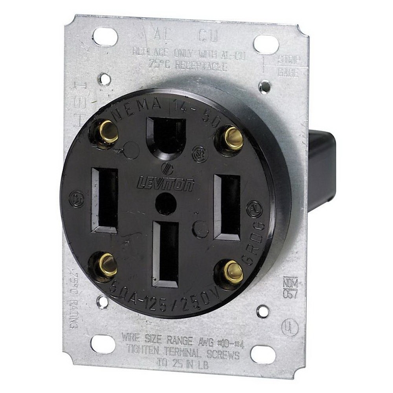 Leviton R10-00279-S00 Electrical Receptacle, Flush Mounting, 3-Pole, 125/250 V, 50 A, NEMA: NEMA 14-50R, Black