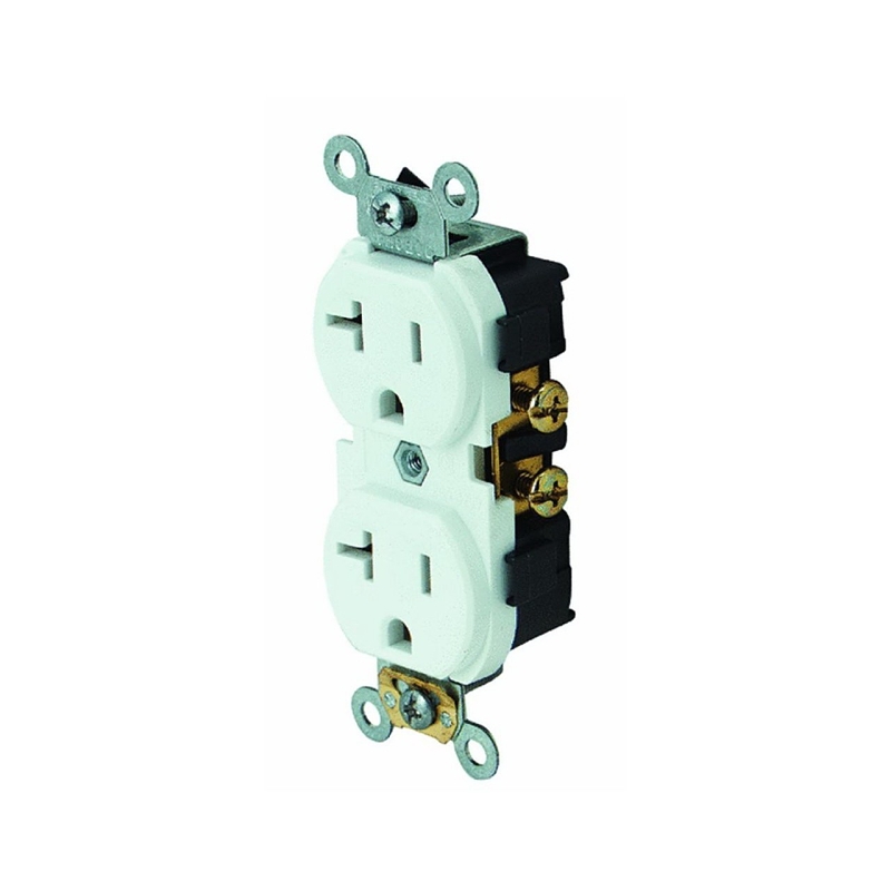 Leviton S02-0CR20-0WS Duplex Receptacle, Thermoplastic, White, 2-Pole, 20 A, 125 V, Side Wiring, 60 Hz