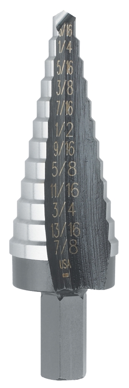 IRWIN Unibit 10234 Step Drill Bit, 3/16 to 7/8 in Dia, 1-Flute, 3/8 in Dia Shank, Hex Shank