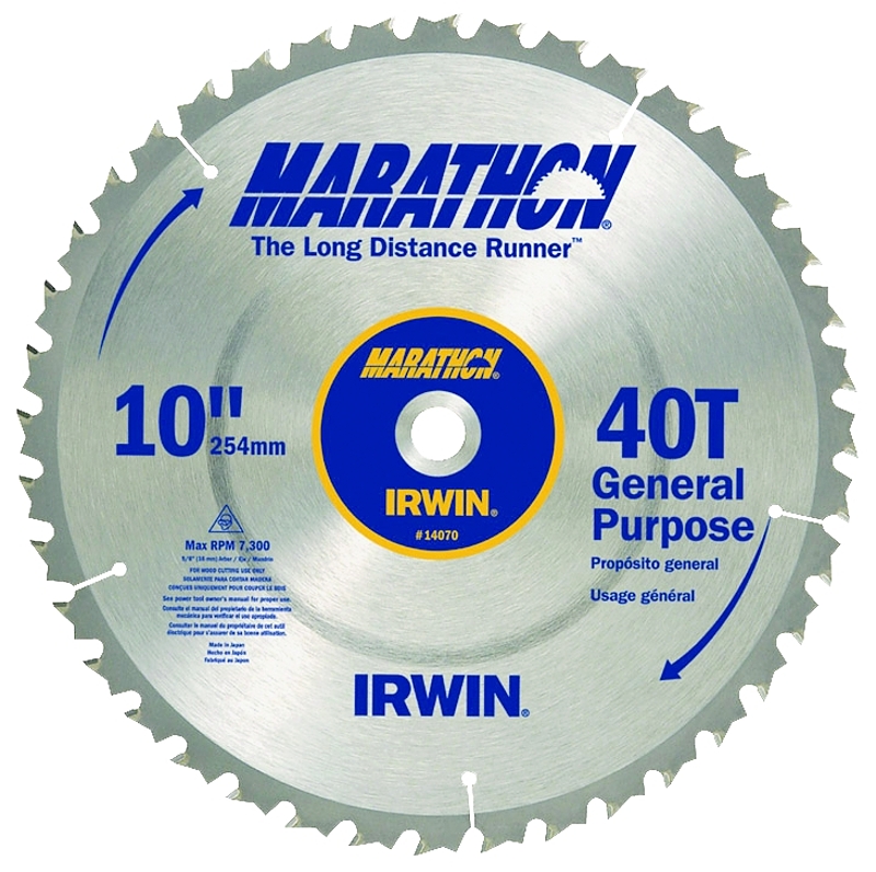 IRWIN MARATHON 14070 Table Saw Blade, 10 in Dia, 5/8 in Arbor, 40-Teeth, Carbide Cutting Edge