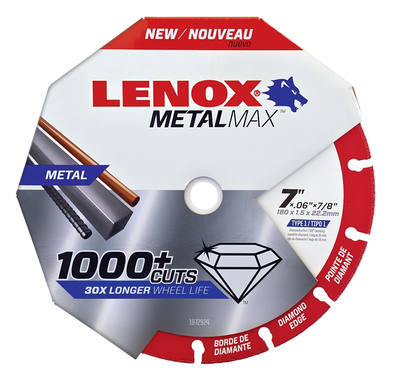 Lenox MetalMax 1972924 Cut-Off Wheel, 7 in Dia, 1/16 in Thick, 7/8 in Arbor, 40, 50 Grit, Diamond Abrasive