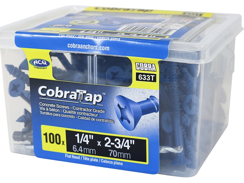 Cobra Anchors 633T Screw, 1/4 in Thread, 2-3/4 in L, Flat Head, Phillips, Robertson Drive, Steel, 100/PK