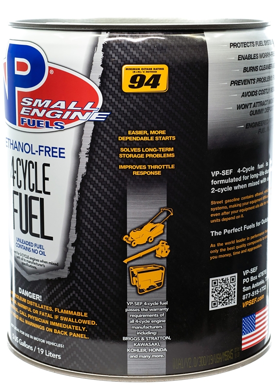 VP Racing 6202 4-Cycle Small Engine Fuel, Aromatic Hydrocarbon, Colorless, 5 gal Pail