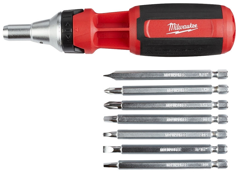 Milwaukee 48-22-2322 Ratcheting Multi-Bit Driver, 1/4 in Drive, Square Drive, 7 in OAL, Plastic Handle, Magnetic