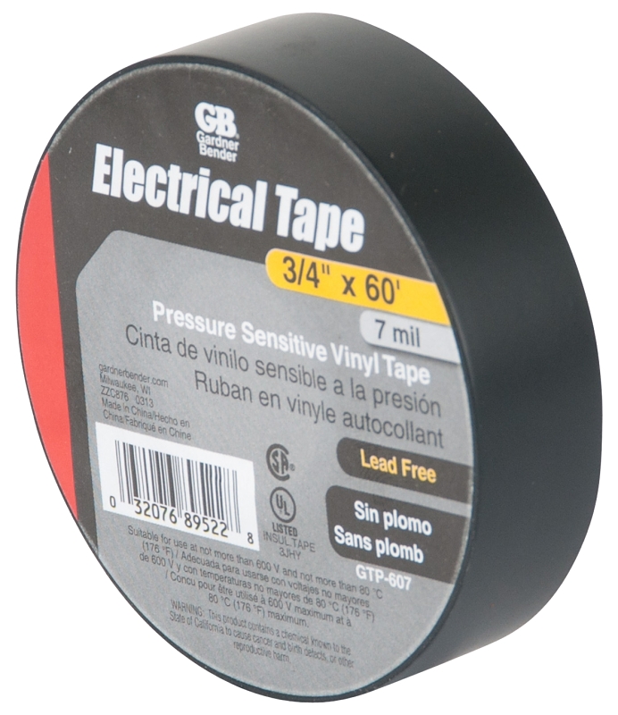 GB GTP-607 Electrical Tape, 60 ft L, 3/4 in W, PVC Backing, Black